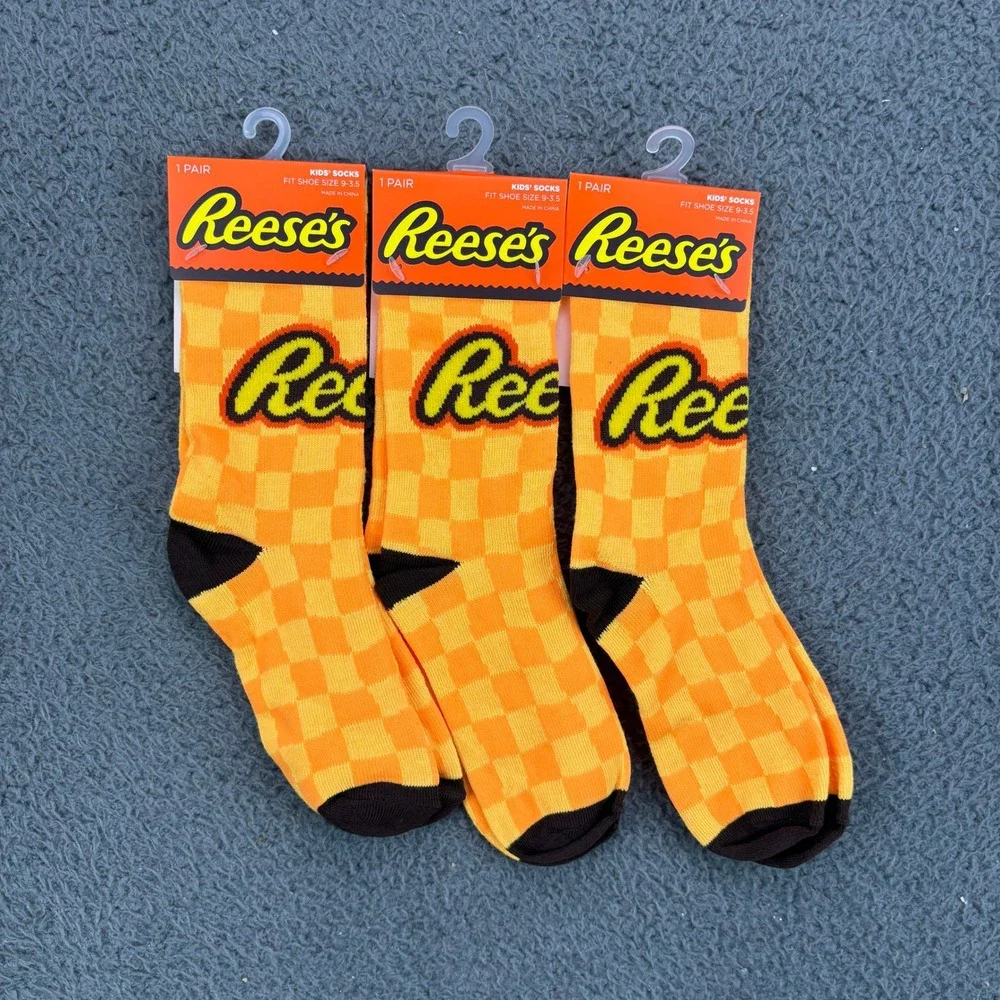 Reese's Kids Socks 3 Pair Pack Orange Checkerboard HSK95-MUL Shoe Size 9-3.5 NEW